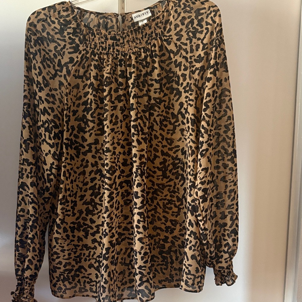 Ava & Viv Tan and Black Leopard Print Long Sleeve Blouse